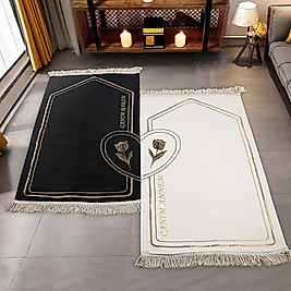 DK64 Kalbi Tamamla Eşlere Özel Çiftli Seccade Siyah Beyaz Gold İşlemeli(70x120cm 330gr)