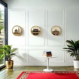 RS48 Üç Mescid ( Kabe, Ravza ve Aksa) Gold Pleksi Üçlü Takım Duvar Süsü (30*30 cm)